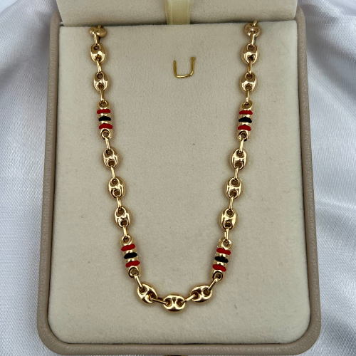 CADENA RUSTICA MODELO GUCCI Y BARRILES EN ORO DE 18K