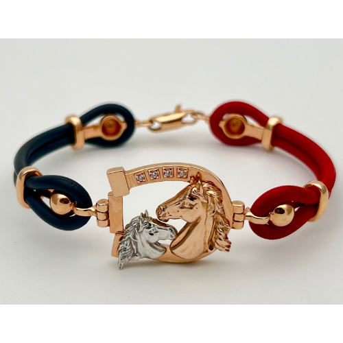 PULSERA DIJE CABALLOS, CIRCONES, CAUCHOS ROJO Y NEGRO EN DOS OROS DE 18K