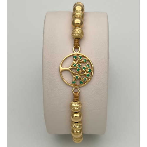 PULSERA TEJIDA DIJE ARBOLDE LA VIDA CON ESMERALDAS Y BALINES EN ORO DE 18K