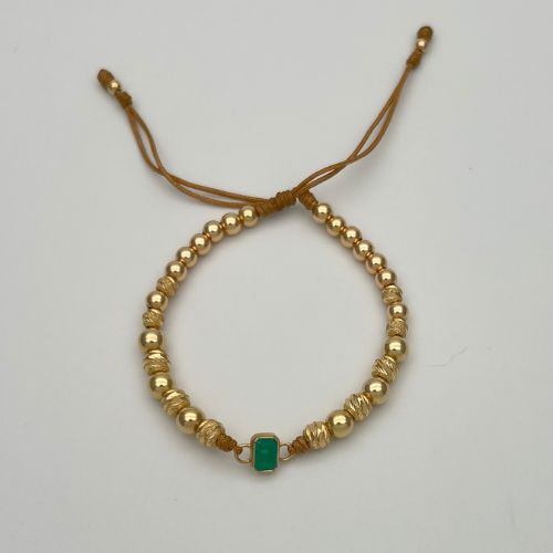 PULSERA TEJIDA CON DIJE ESMERALDA Y BALINES EN ORO DE 18K