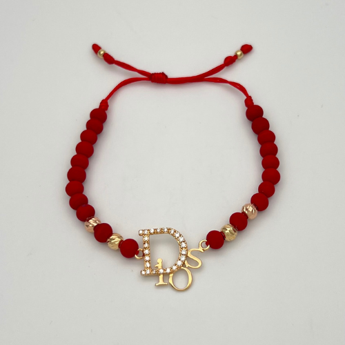 PULSERA TEJIDA CON DIJE `DIOS´ Y BALINES EN DOS OROS DE 18K