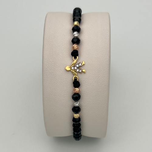 PULSERA TEJIDA CON DIJE `NIÑO´ Y BALINES DIAMANTADOS EN TRES OROS DE 18K