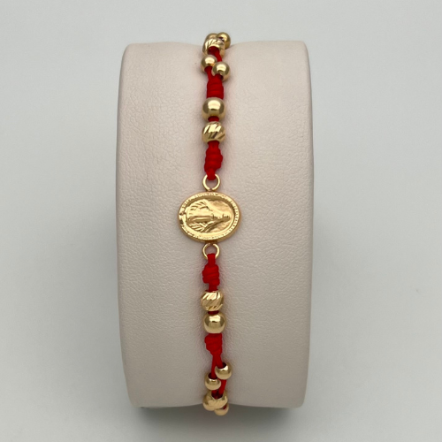 PULSERA TEJIDA CON DIJE VIRGEN MILAGROSA Y BALINES EN ORO DE 18K