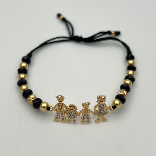 PULSERA TEJIDA CON DIJE FAMILIA Y BALINES EN ORO DE 18K