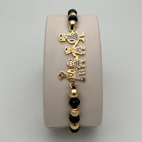 PULSERA TEJIDA CON DIJE FAMILIA Y BALINES EN ORO DE 18K