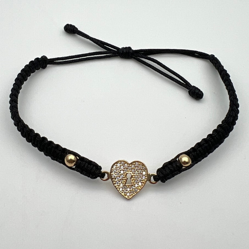 PULSERA TEJIDA CON DIJE CORAZÓN Y BALINES EN ORO DE 18K