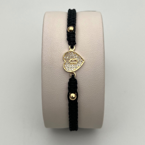 PULSERA TEJIDA CON DIJE CORAZÓN Y BALINES EN ORO DE 18K