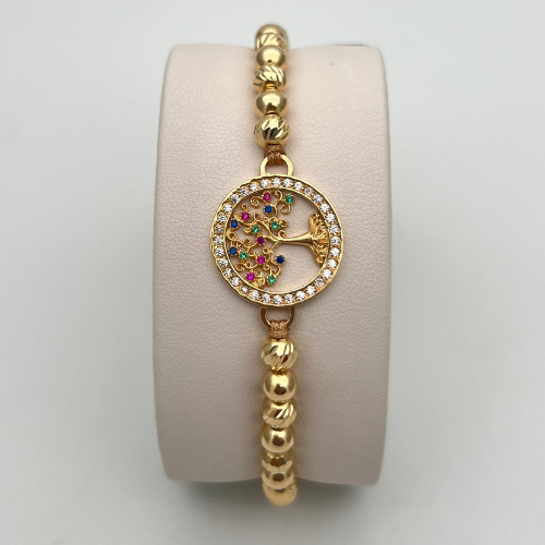 PULSERA TEJIDA CON DIJE ÁRBOL DE LA VIDA Y BALINES EN ORO DE 18K