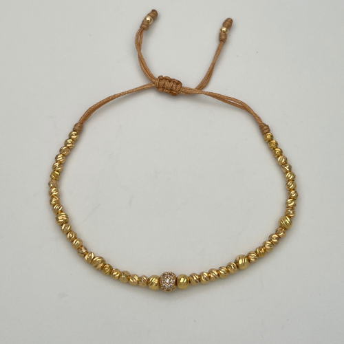 PULSERA TEJIDA CON DIJE BOLA DE FUEGO Y BALINES DIAMANTADOS EN ORO DE 18K