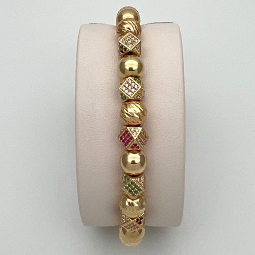 PULSERA TEJIDA CON DIJES ROMBO Y BALINES EN ORO DE 18K