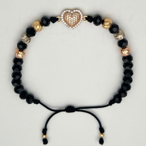 PULSERA TEJIDA CON DIJE CORAZON Y BALINES EN TRES OROS DE 18K